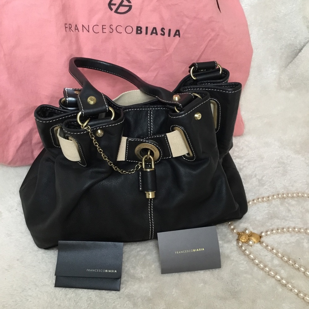 Francesco Biasia Genuine Black Leather Oversized Handbag Push Lock Canvas Strap